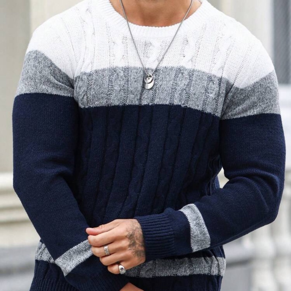 Manfinity Homme Men's Color Blocking Cable Knitted Sweater , Crew Neck
